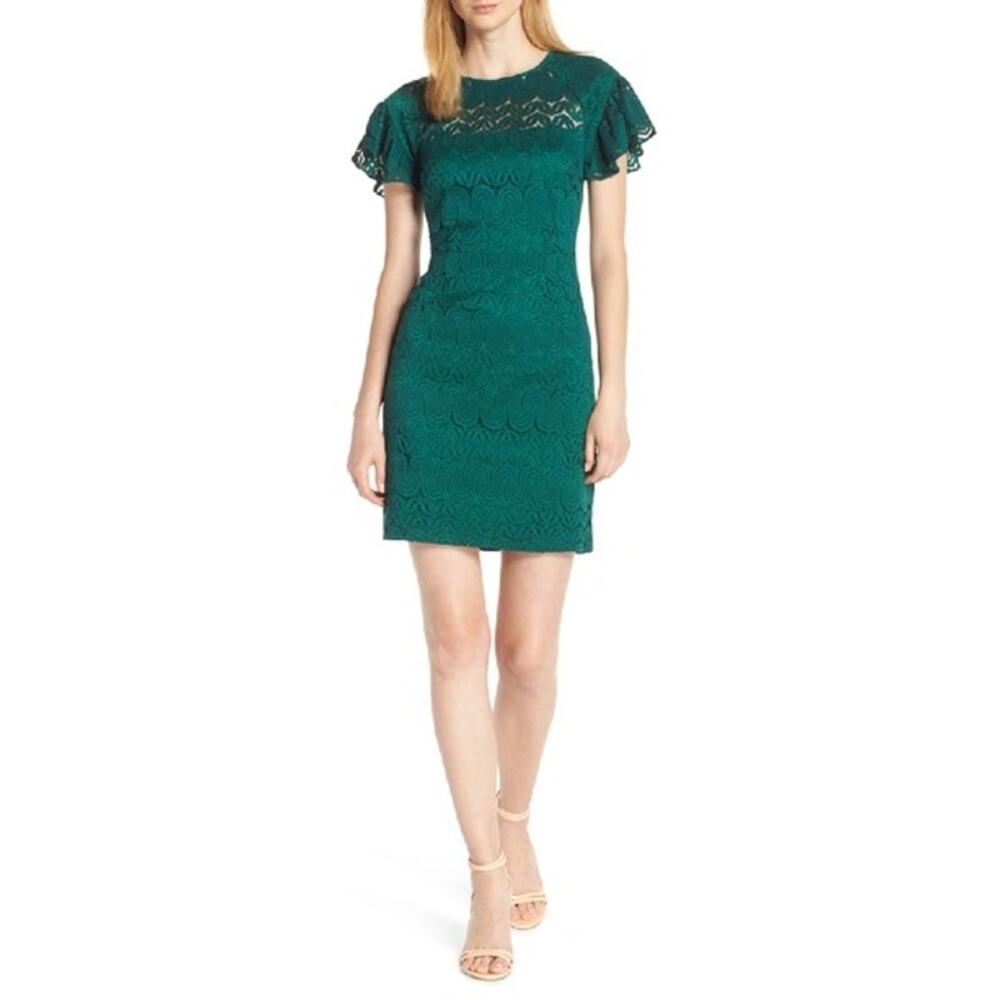 Trina Turk Mai Tai Emerald Lace Flutter Sleeve Sheath Dress 6 Party Wedding